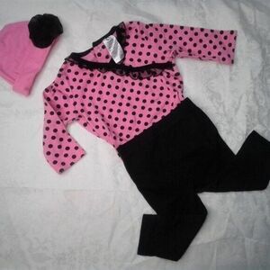 baby essentials Pink & Black 3pc Set Onesie Leggings Hat Polka Dots Ruffle 9Mo
